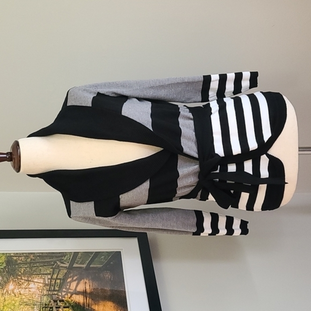 The Limited Black, Gray & White Striped Shawl Collar Belted Cardigan